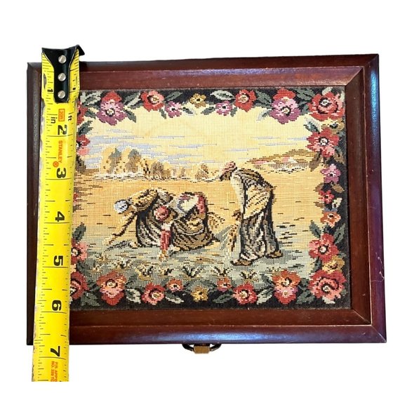 Vtg Wooden Jewelry Box Tapestry Top Yellow Velvet Lining Tray Mirror - Picture 9 of 10